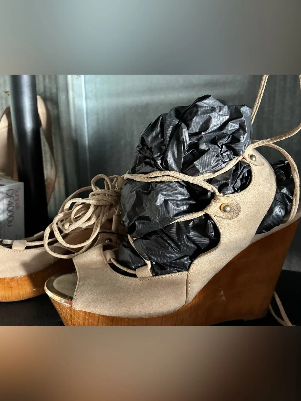 Suede Lace-Up Open-Toe Sandals in Beige
